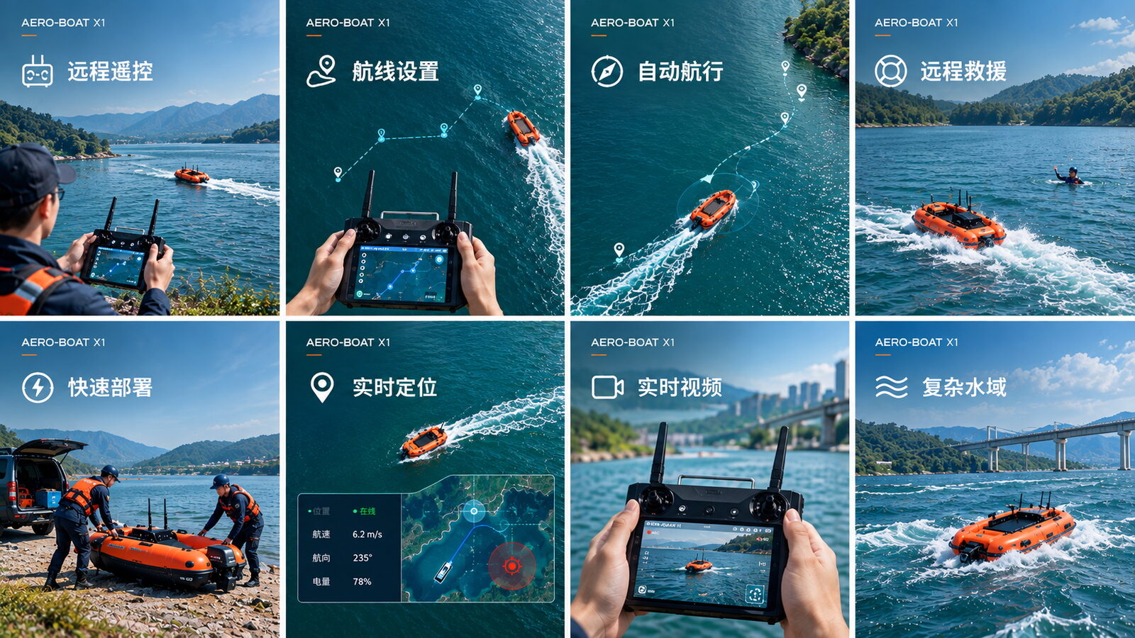 AERO-BOAT X1 能力示意：远程遥控、航线设置、自动航行、远程救援、快速部署、实时定位、实时视频与复杂水域